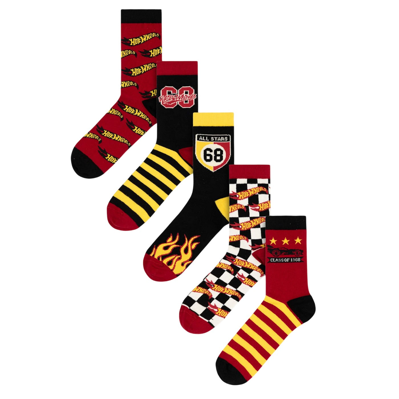 Multicoloured Check - Front - Hot Wheels Mens Checkerboard Flame Calf-Length Socks (Pack of 5)
