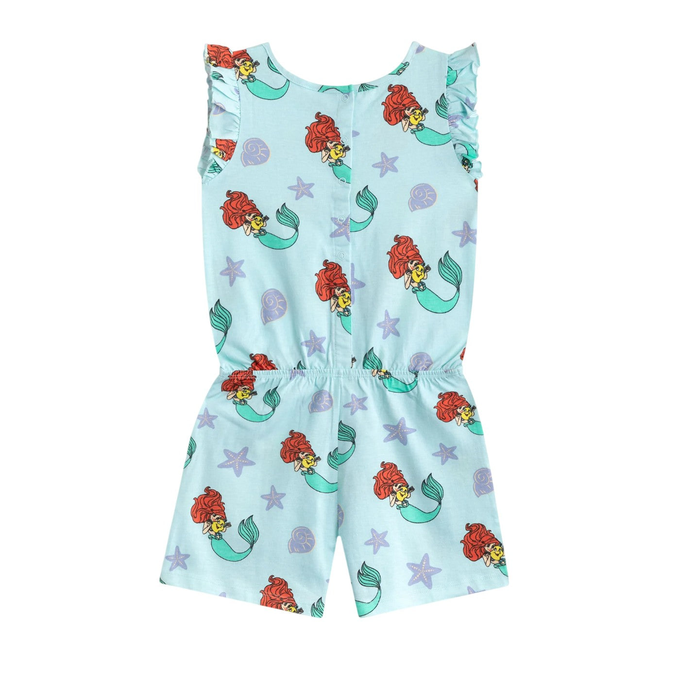 Blue - Back - The Little Mermaid Girls Ariel & Flounder All-Over Print Sleeveless Playsuit