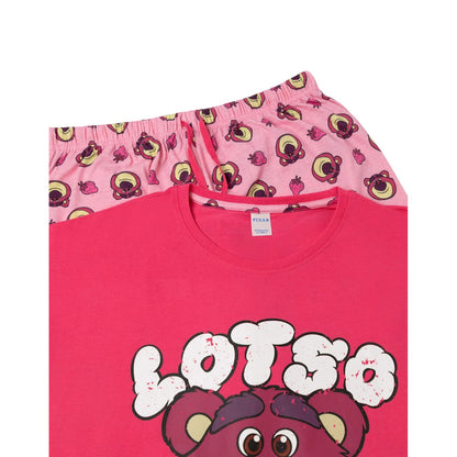 Pink-Red - Side - Toy Story Womens-Ladies Lotso Face Short-Sleeved Long Pyjama Set