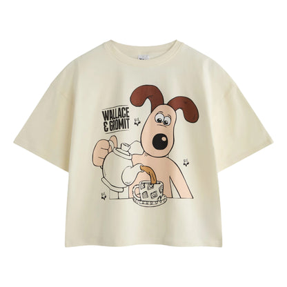 Off White - Side - Wallace and Gromit Womens-Ladies Tea Time Short-Sleeved Long Pyjama Set Set