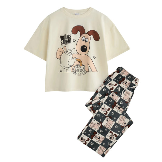 Off White - Front - Wallace and Gromit Womens-Ladies Tea Time Short-Sleeved Long Pyjama Set Set