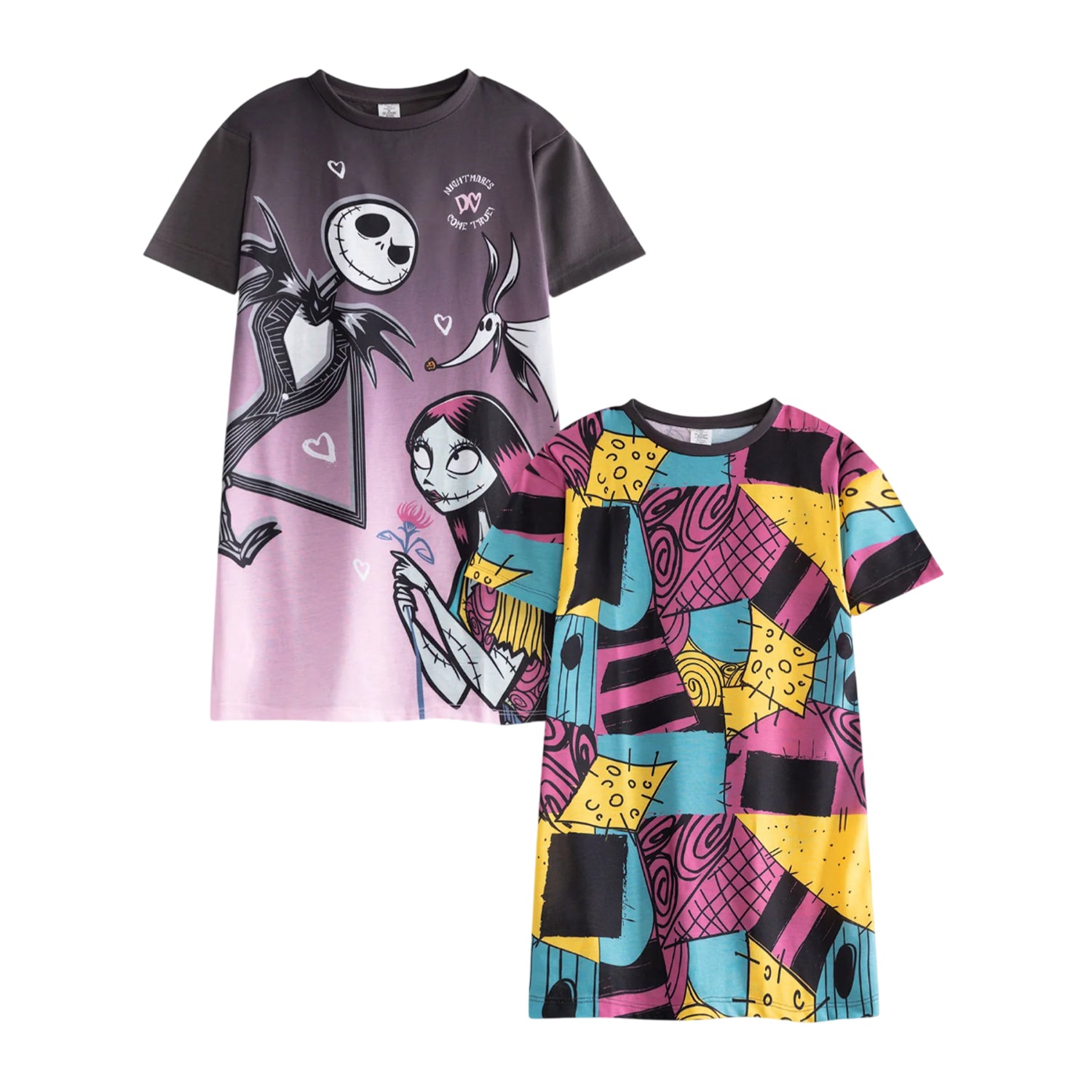 Multicoloured - Front - The Nightmare Before Christmas Girls Short-Sleeved Nightdress Set (Pack of 2)