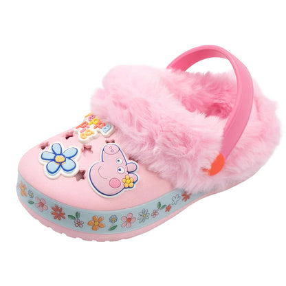 Pink - Side - Peppa Pig Girls Flowers Fur Lined Clogs