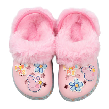 Pink - Pack Shot - Peppa Pig Girls Flowers Fur Lined Clogs