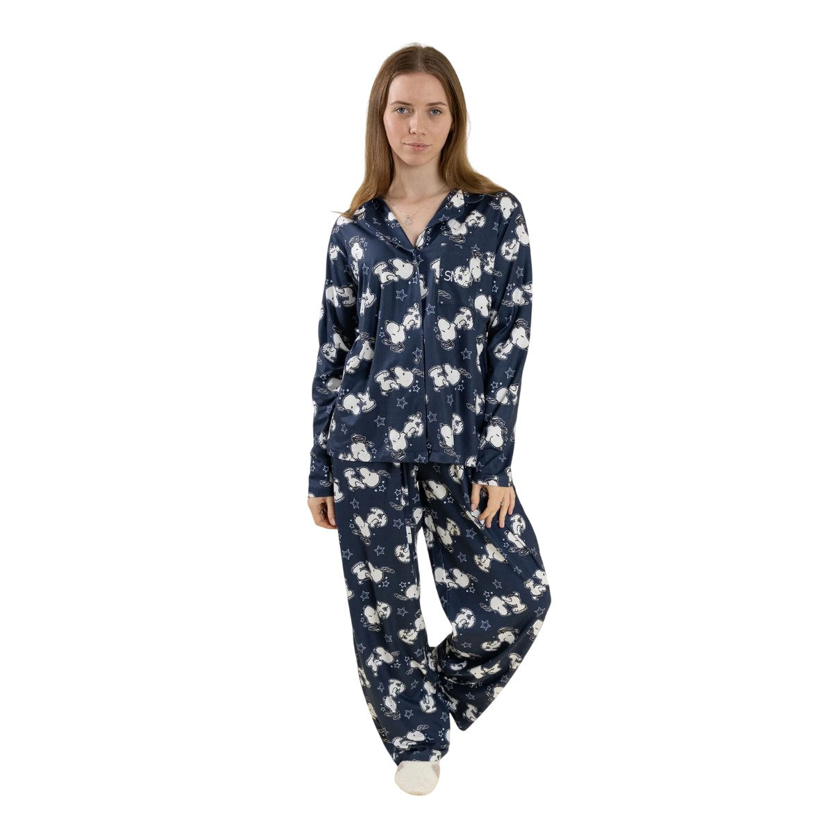 Blue - Back - Peanuts Womens-Ladies Snoopy Long-Sleeved Long Pyjama Set