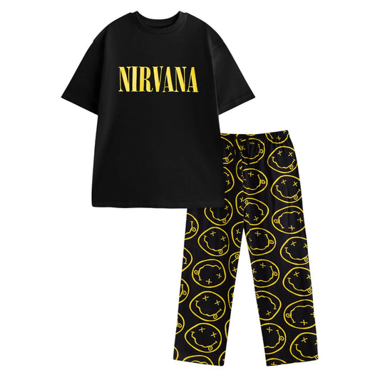 Black - Front - Nirvana Mens Logo Short-Sleeved Long Pyjama Set