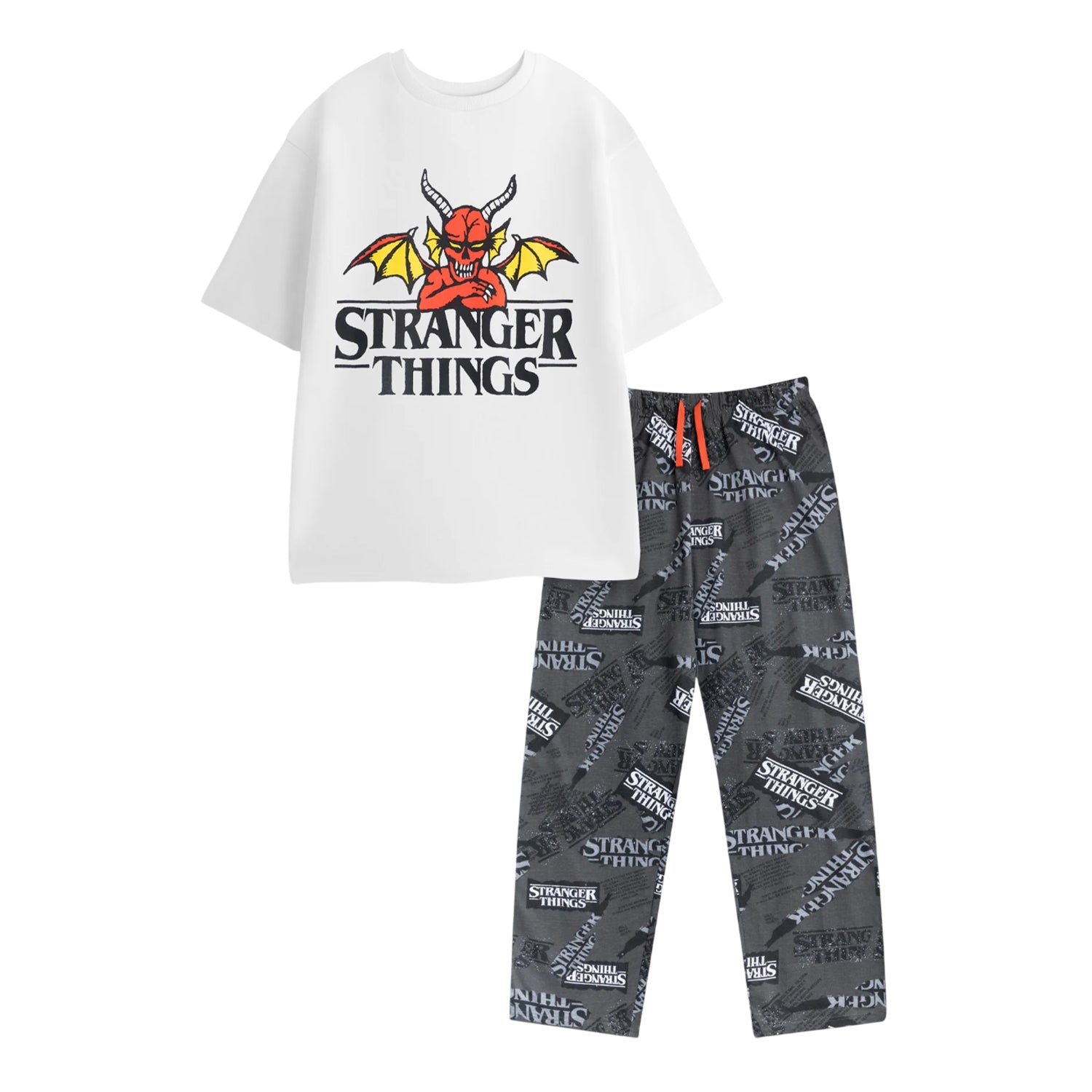 White-Grey - Front - Stranger Things Mens Logo Short-Sleeved Long Pyjama Set