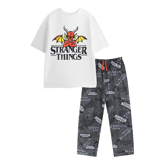 White-Grey - Front - Stranger Things Mens Logo Short-Sleeved Long Pyjama Set