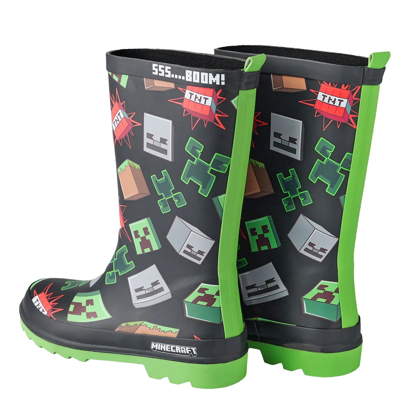 Black-Green - Back - Minecraft Boys Icons Wellington Boots