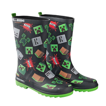 Black-Green - Front - Minecraft Boys Icons Wellington Boots