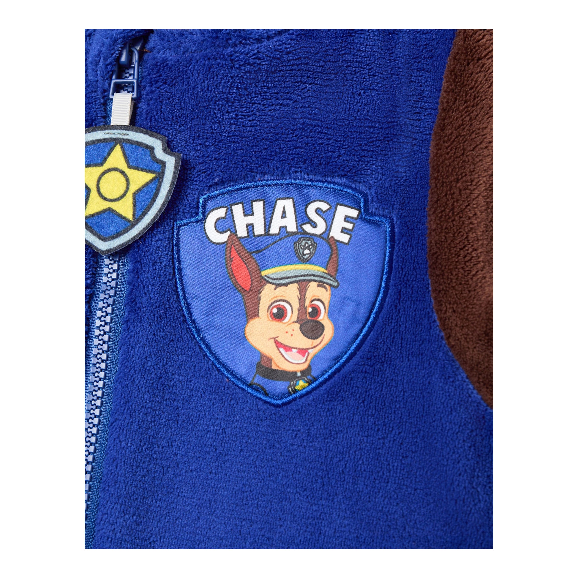 Brown-Royal Blue - Side - Paw Patrol Childrens-Kids Chase Applique Face All-In-One Nightwear