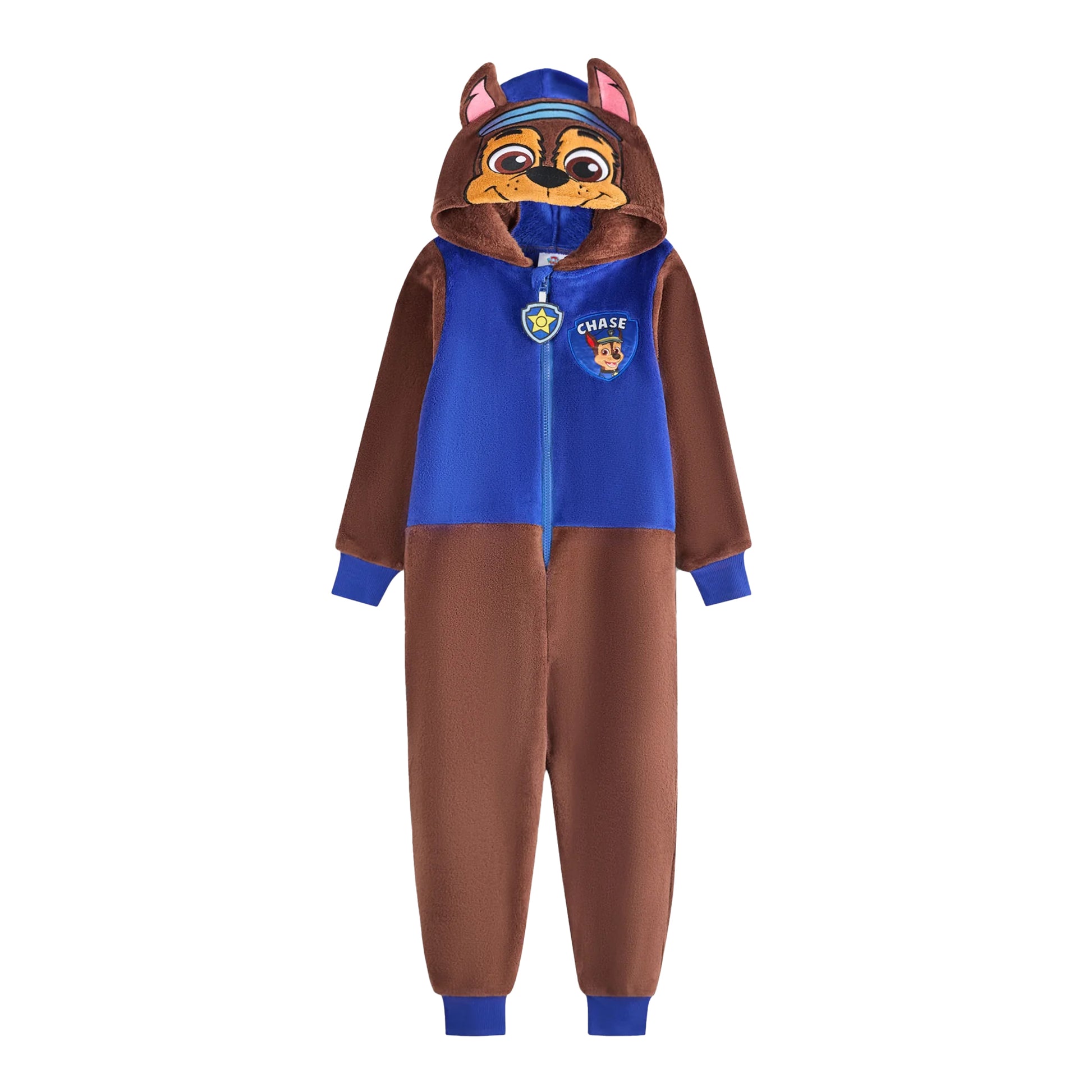 Brown-Royal Blue - Front - Paw Patrol Childrens-Kids Chase Applique Face All-In-One Nightwear