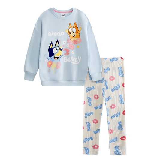 Cream-Blue - Front - Bluey Girls Bingo Character Sweatshirt & Jogging Bottoms Set