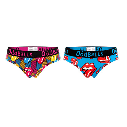 Multicoloured - Front - OddBalls Womens-Ladies The Rolling Stones Logo Briefs (Pack Of 2)