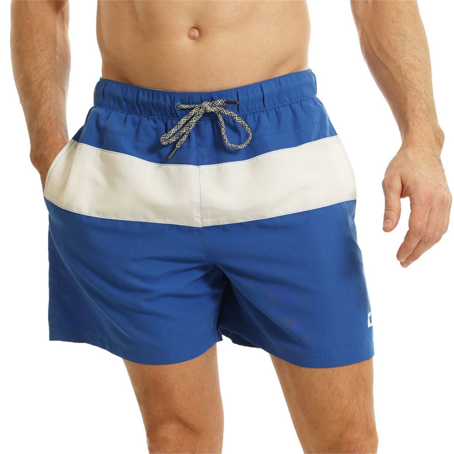 Royal Blue-White - Front - RIPT Essentials Mens Contrast Striped Swim Shorts