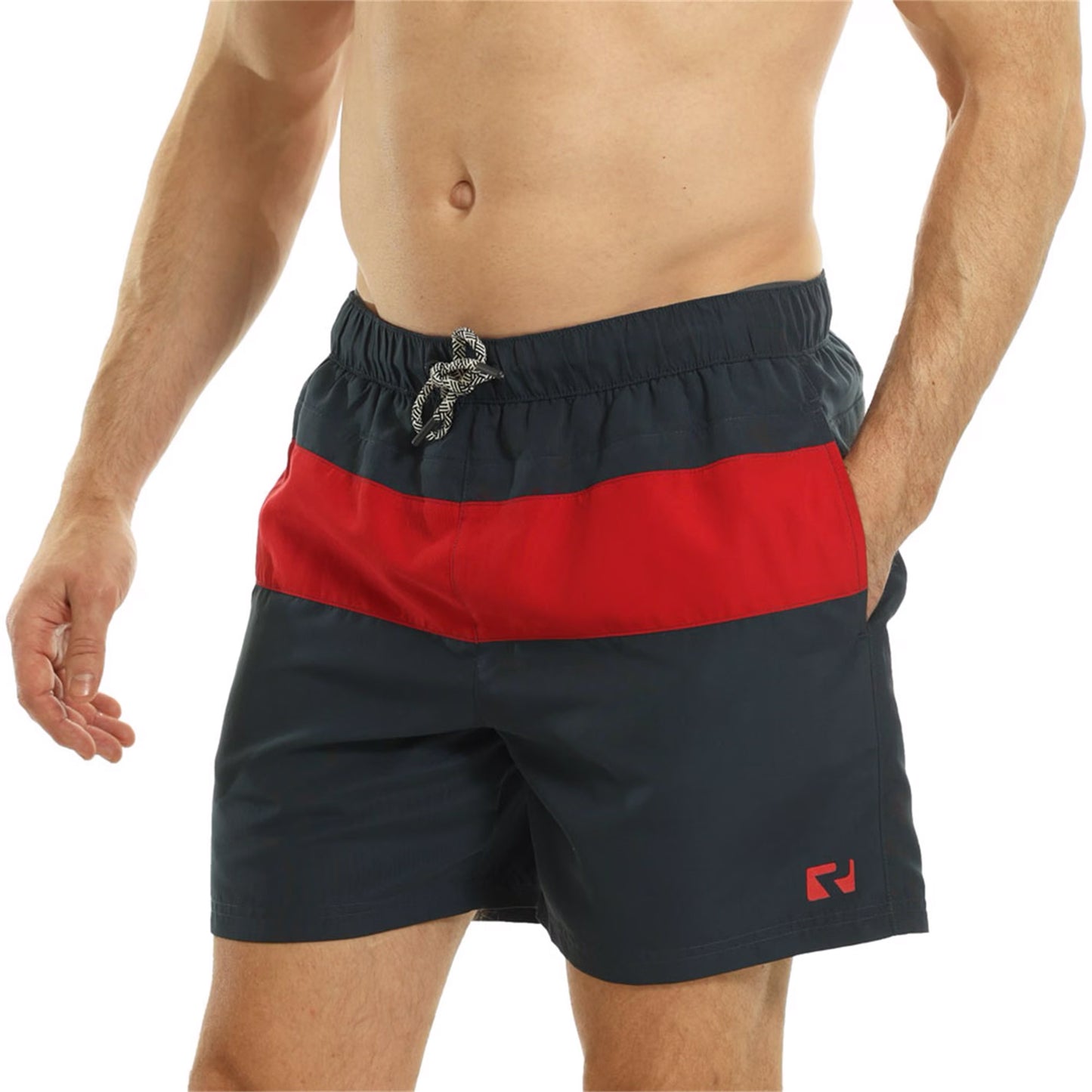 Navy Blue-Red - Front - RIPT Essentials Mens Contrast Striped Swim Shorts