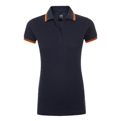 French Navy-Neon Orange - Front - SOLS Womens-Ladies Pasadena Tipped Short Sleeve Pique Polo Shirt
