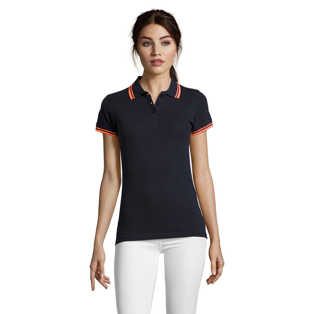 French Navy-Neon Orange - Lifestyle - SOLS Womens-Ladies Pasadena Tipped Short Sleeve Pique Polo Shirt