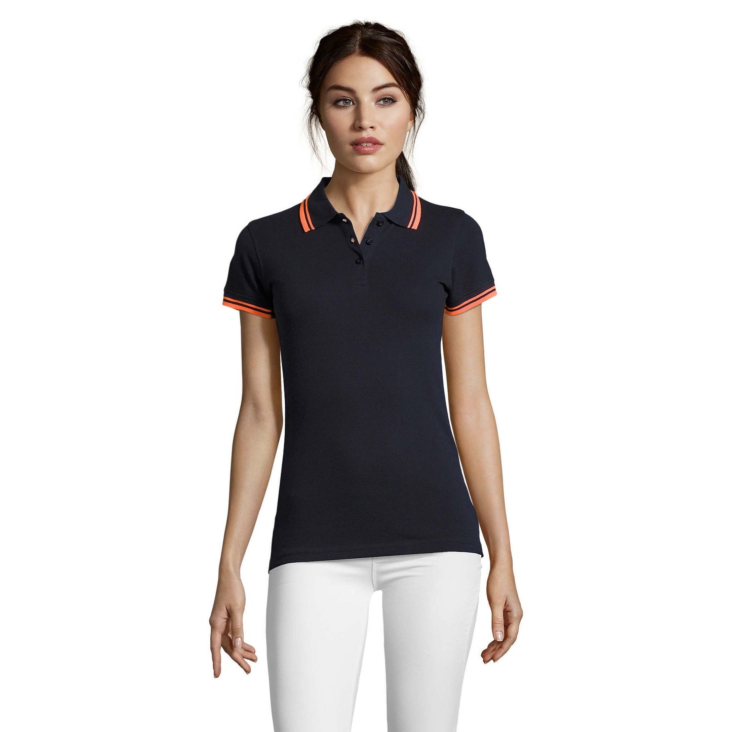 French Navy-Neon Orange - Lifestyle - SOLS Womens-Ladies Pasadena Tipped Short Sleeve Pique Polo Shirt