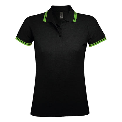 Black-Lime - Front - SOLS Womens-Ladies Pasadena Tipped Short Sleeve Pique Polo Shirt