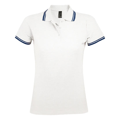 White-Navy - Front - SOLS Womens-Ladies Pasadena Tipped Short Sleeve Pique Polo Shirt