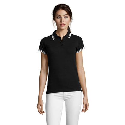 Black-White - Pack Shot - SOLS Womens-Ladies Pasadena Tipped Short Sleeve Pique Polo Shirt