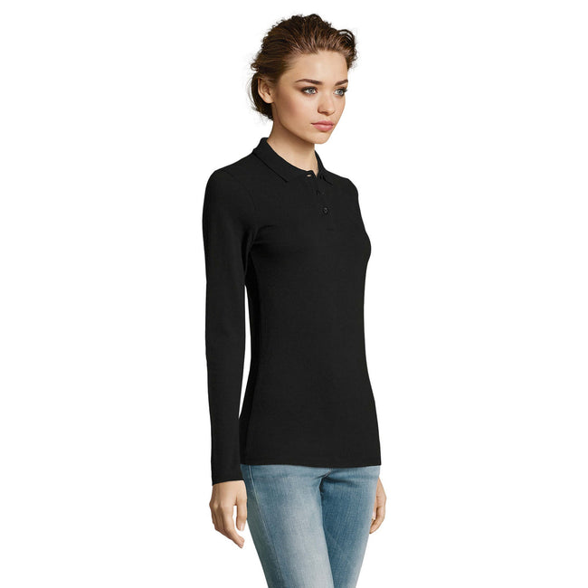 Black - Side - SOLS Womens-Ladies Perfect Long Sleeve Pique Polo Shirt