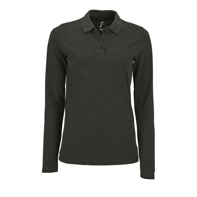 Charcoal Marl - Front - SOLS Womens-Ladies Perfect Long Sleeve Pique Polo Shirt