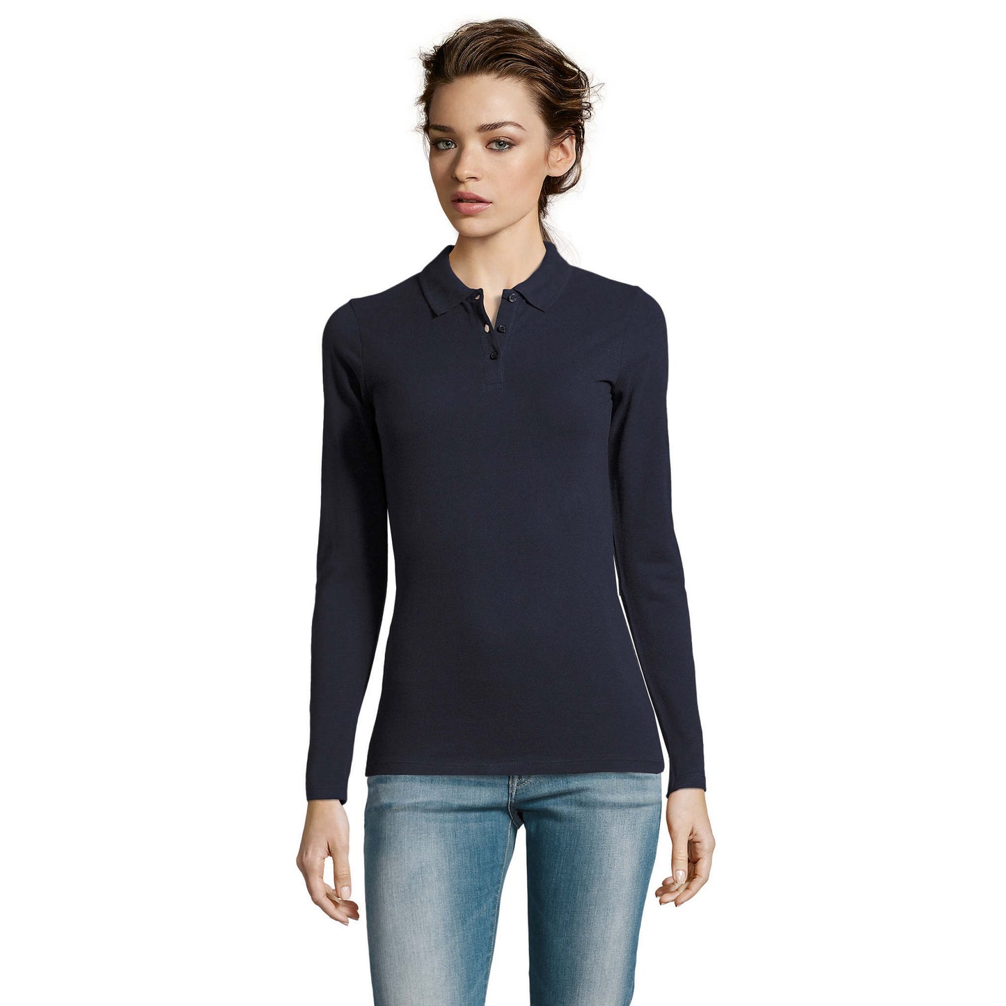 French Navy - Back - SOLS Womens-Ladies Perfect Long Sleeve Pique Polo Shirt