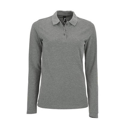 Grey Marl - Front - SOLS Womens-Ladies Perfect Long Sleeve Pique Polo Shirt