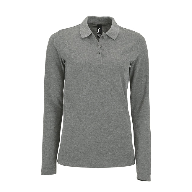Grey Marl - Front - SOLS Womens-Ladies Perfect Long Sleeve Pique Polo Shirt