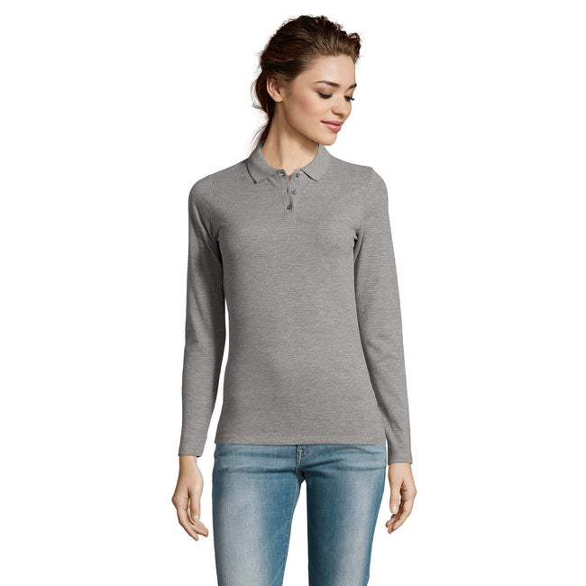 Grey Marl - Back - SOLS Womens-Ladies Perfect Long Sleeve Pique Polo Shirt