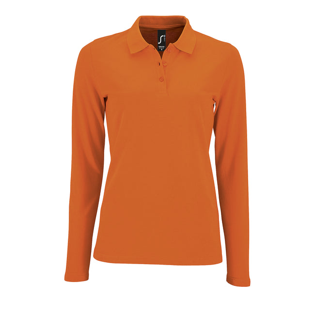 Orange - Front - SOLS Womens-Ladies Perfect Long Sleeve Pique Polo Shirt