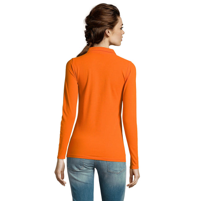 Orange - Side - SOLS Womens-Ladies Perfect Long Sleeve Pique Polo Shirt