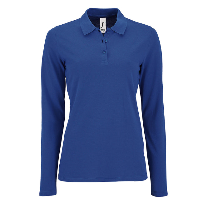 Royal Blue - Front - SOLS Womens-Ladies Perfect Long Sleeve Pique Polo Shirt