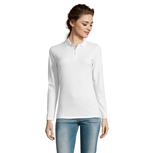 White - Back - SOLS Womens-Ladies Perfect Long Sleeve Pique Polo Shirt