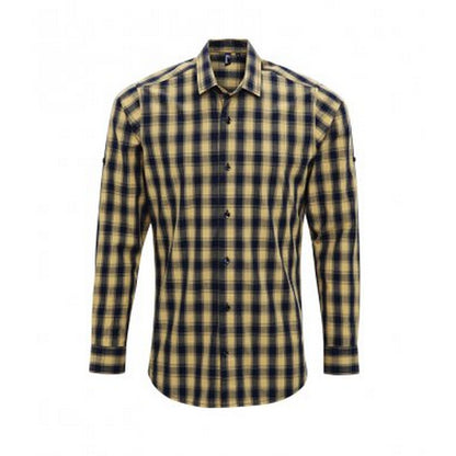 Camel-Navy - Front - Premier Mens Mulligan Check Long Sleeve Shirt