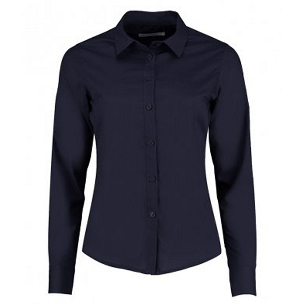 Dark Navy - Front - Kustom Kit Womens-Ladies Long Sleeve Tailored Poplin Shirt