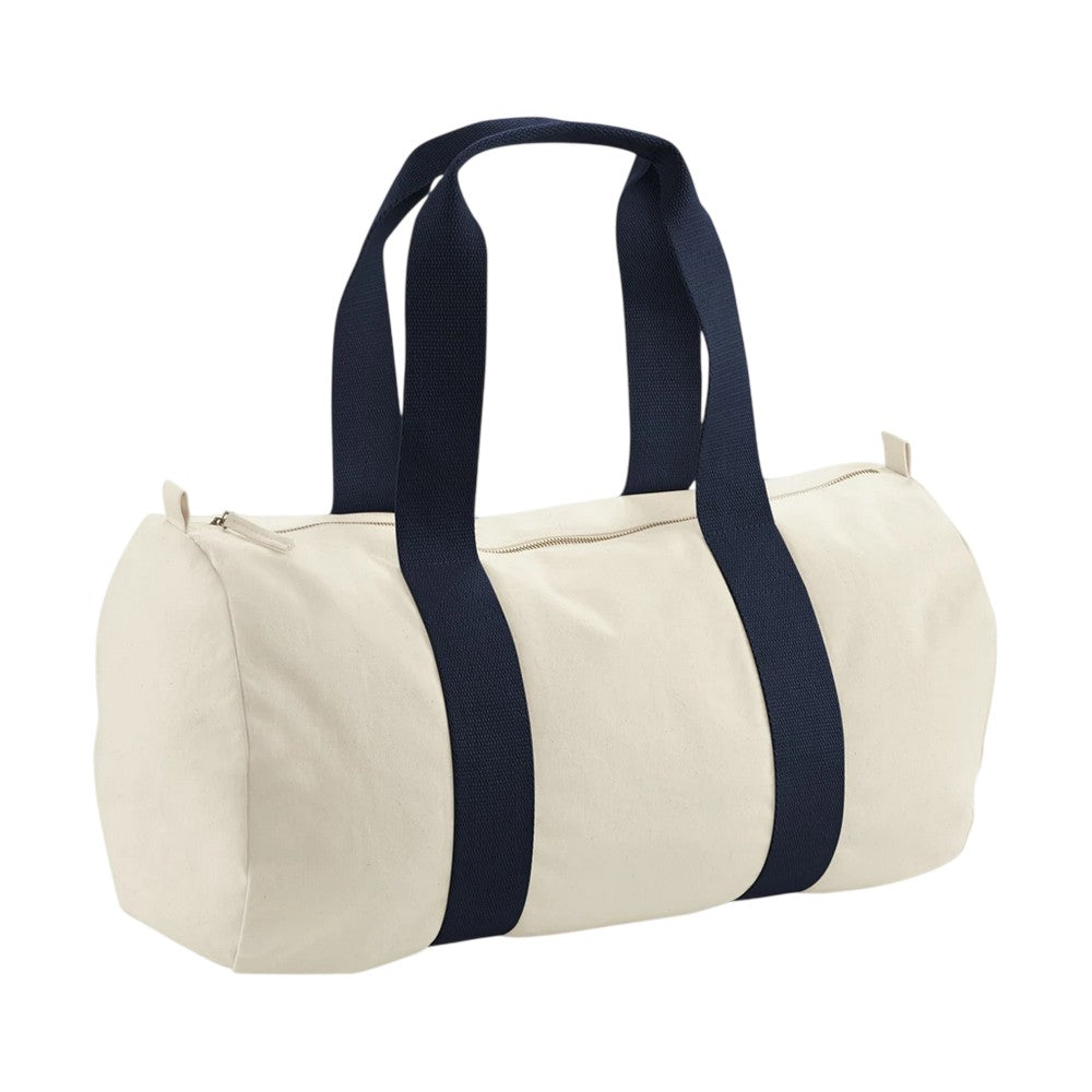 Natural-French Navy - Front - Westford Mill EarthAware Organic Barrel Bag