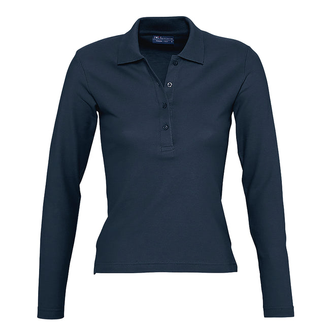 Denim - Front - SOLS Womens-Ladies Podium Cotton Pique Long-Sleeved Polo Shirt