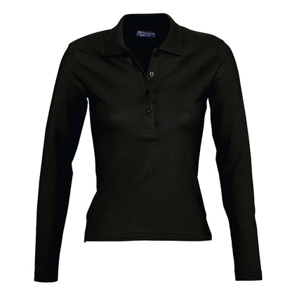 Black - Front - SOLS Womens-Ladies Podium Cotton Pique Long-Sleeved Polo Shirt