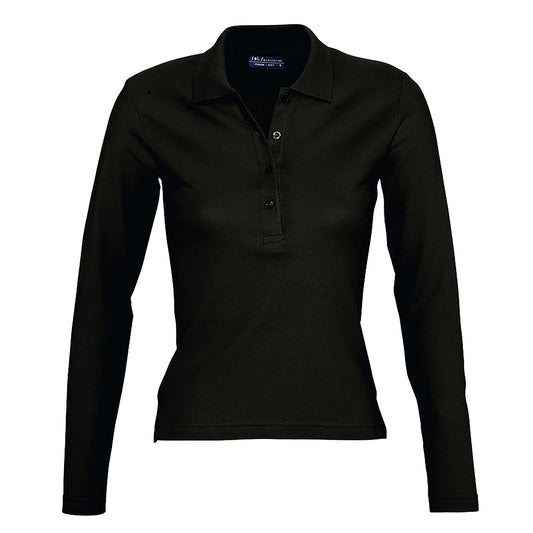 Black - Front - SOLS Womens-Ladies Podium Cotton Pique Long-Sleeved Polo Shirt