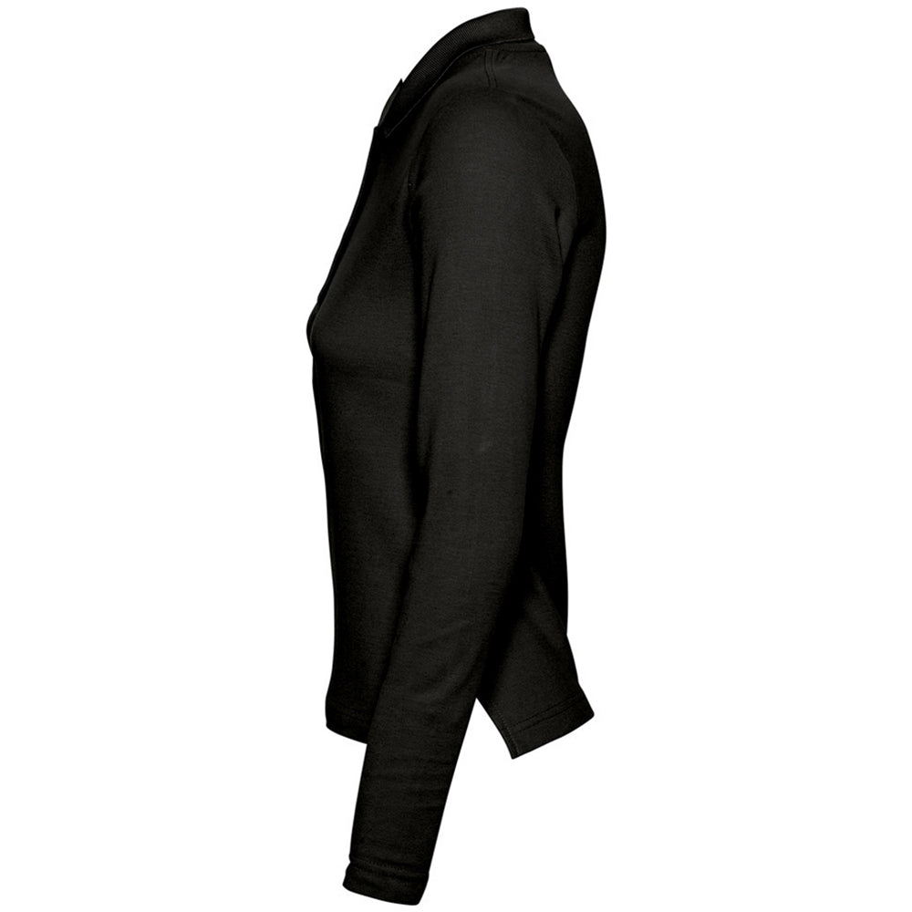Black - Side - SOLS Womens-Ladies Podium Cotton Pique Long-Sleeved Polo Shirt
