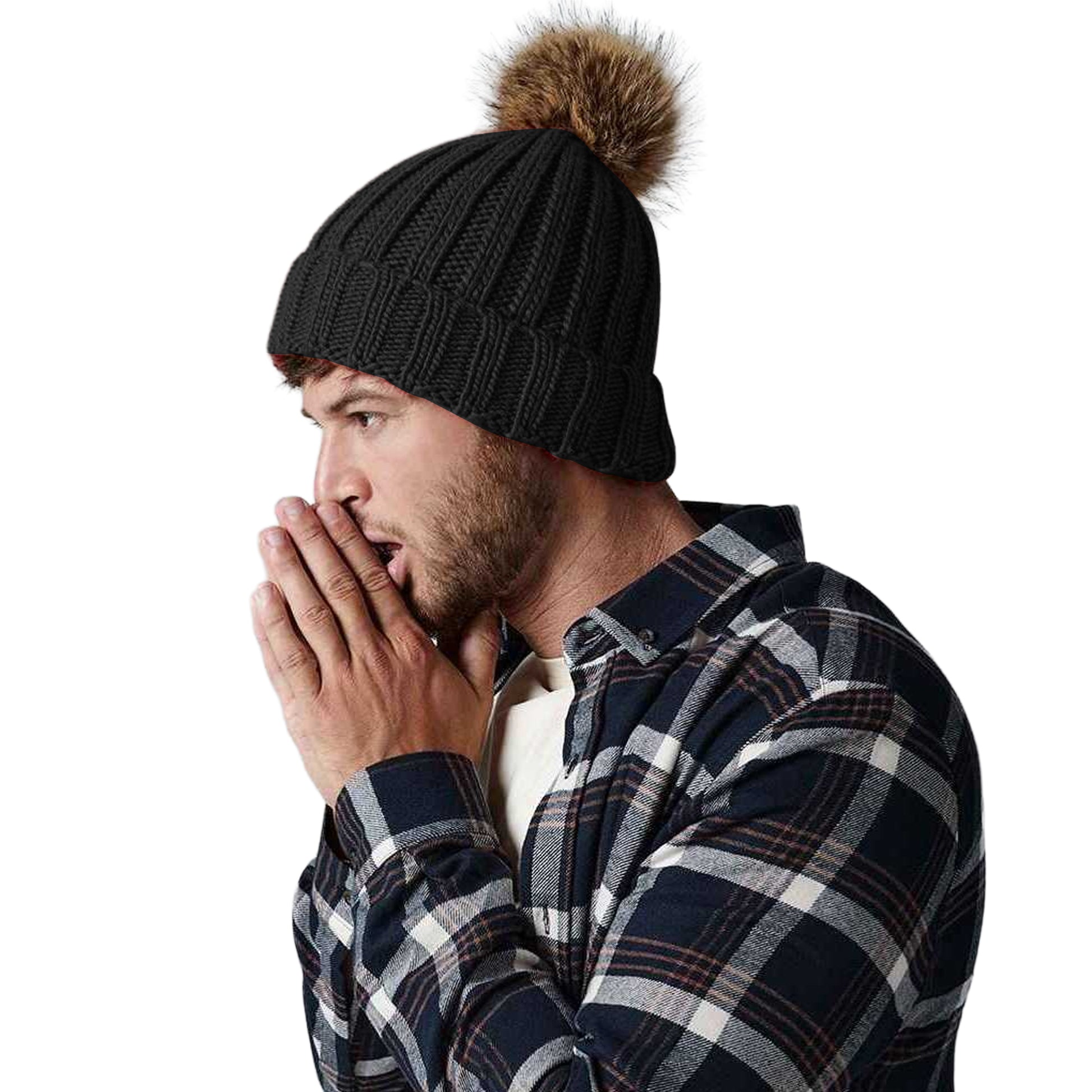 Black - Back - Beechfield Unisex Fur Pop Pom Chunky Beanie