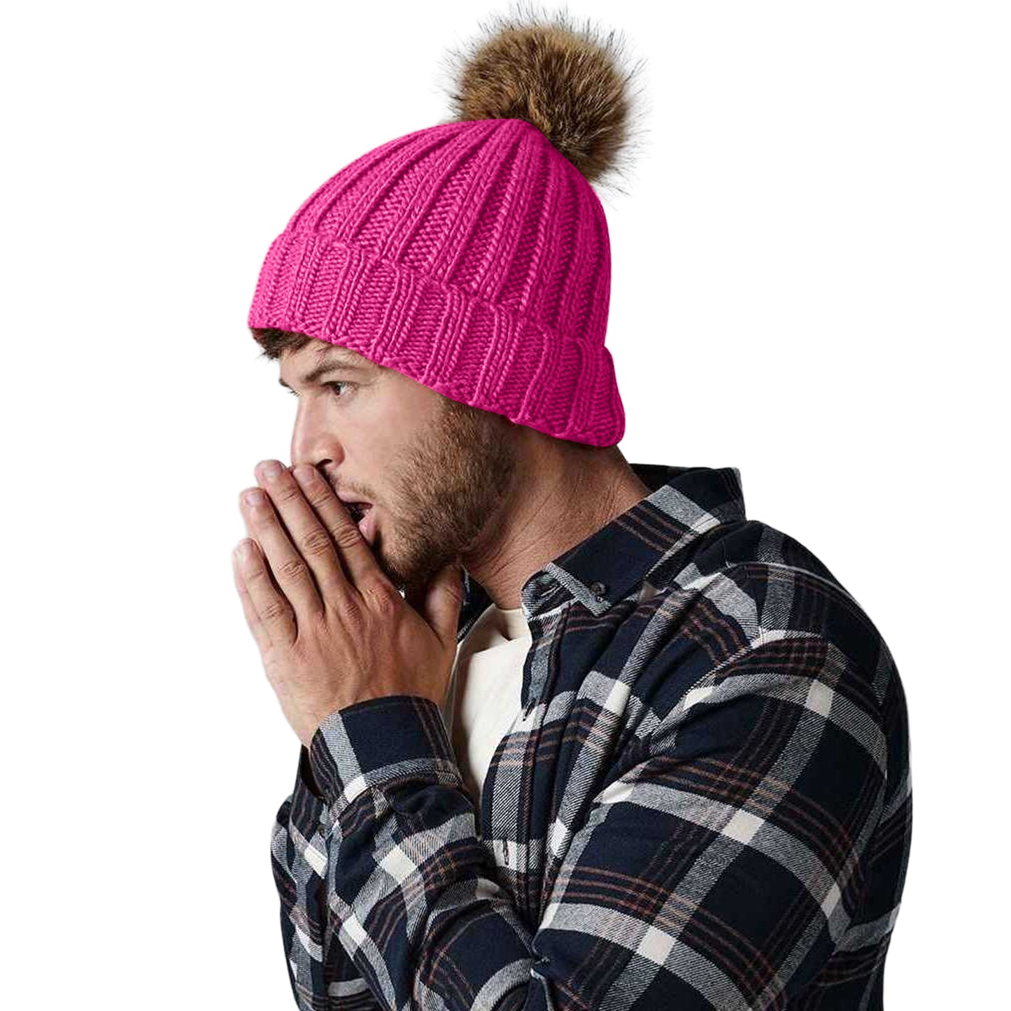 Fuchsia - Back - Beechfield Unisex Fur Pop Pom Chunky Beanie