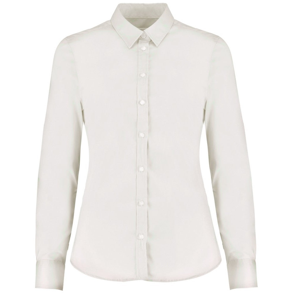White - Front - Kustom Kit Womens-Ladies Long Sleeve Tailored Stretch Oxford Shirt
