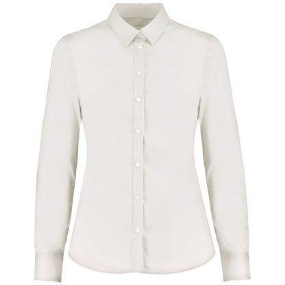 White - Front - Kustom Kit Womens-Ladies Long Sleeve Tailored Stretch Oxford Shirt