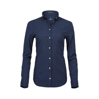 Navy - Front - Tee Jays Womens-Ladies Perfect Long Sleeve Oxford Shirt