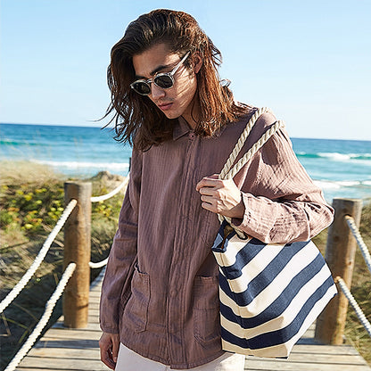 Natural-Navy - Side - Westford Mill Nautical Beach Bag