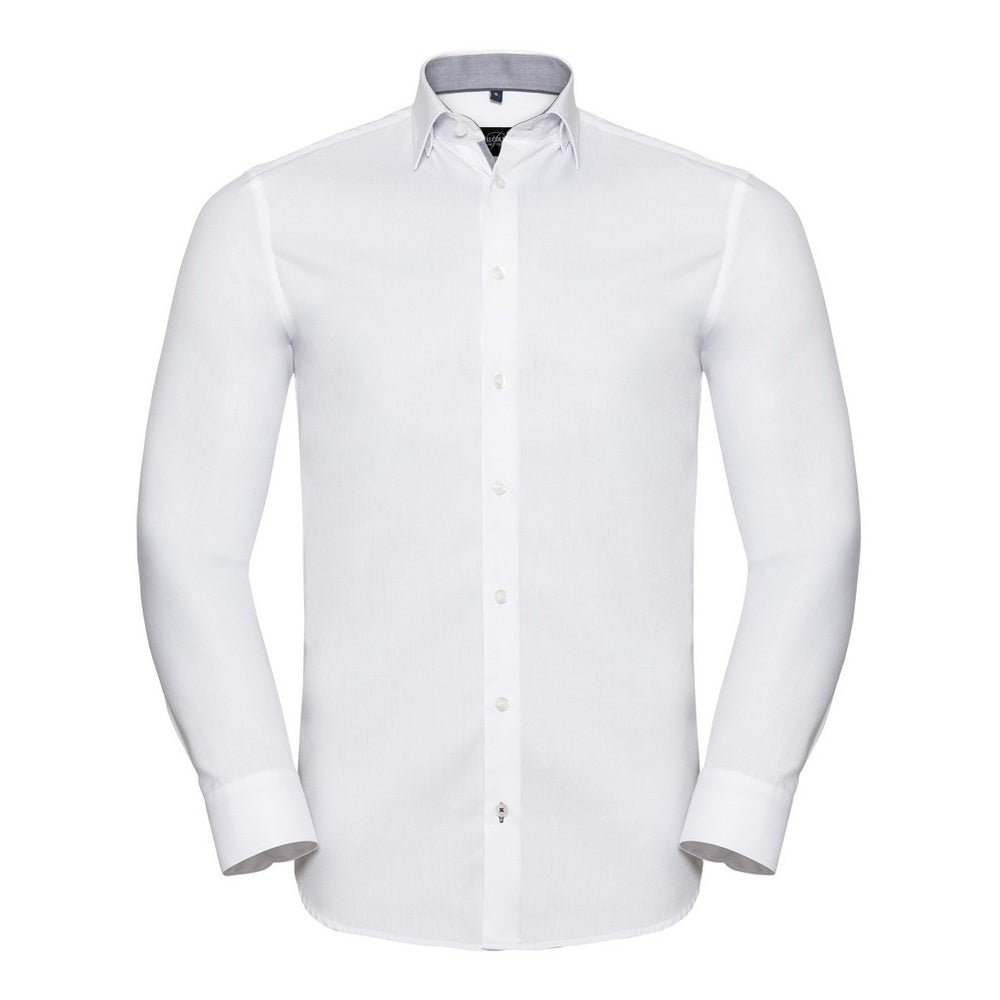 White-Silver - Front - Russell Collection Mens Long Sleeve Contrast Herringbone Shirt